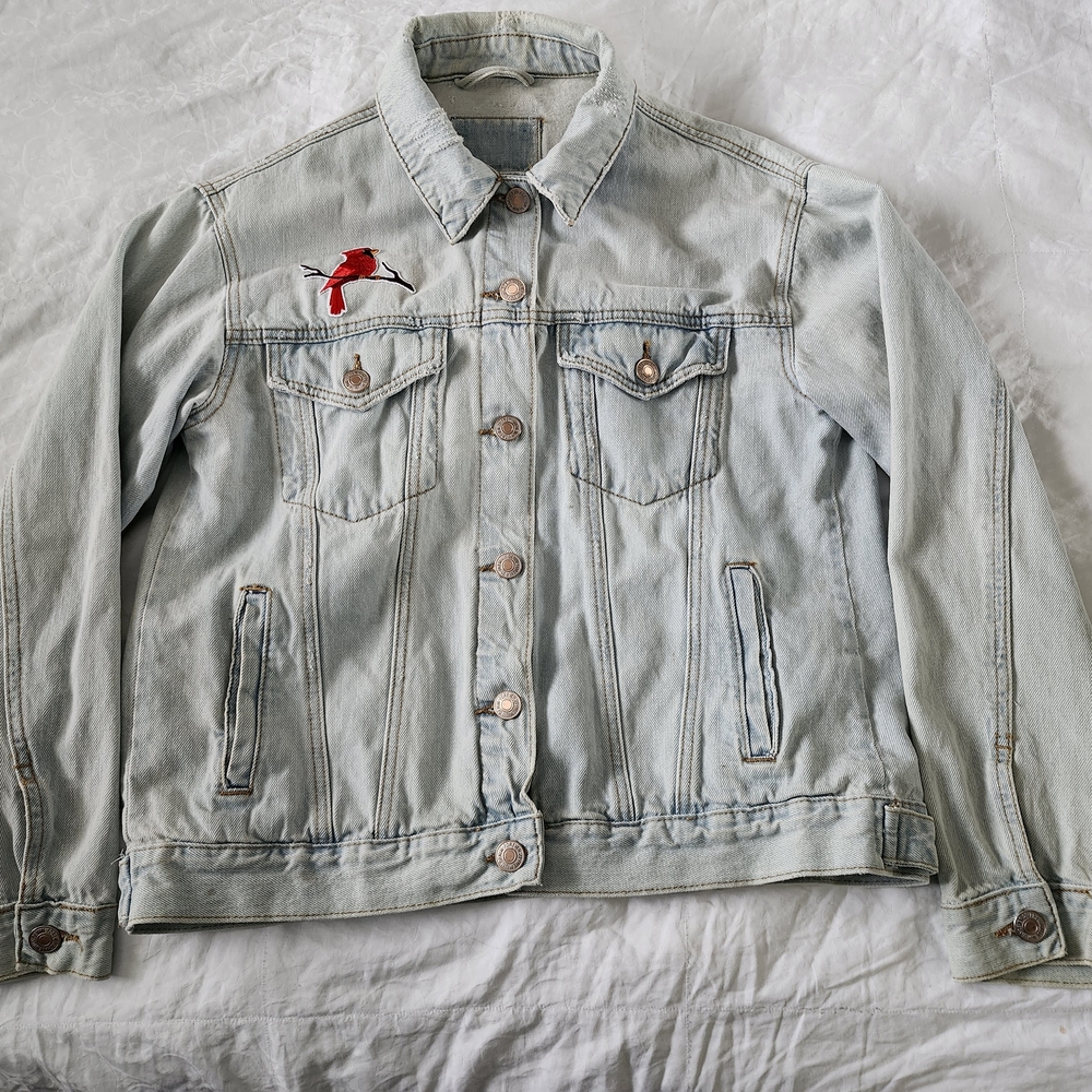 Light Wash Denim Jacket with Red Bird Cardinal And Kitten Embroidery Hand Sewn